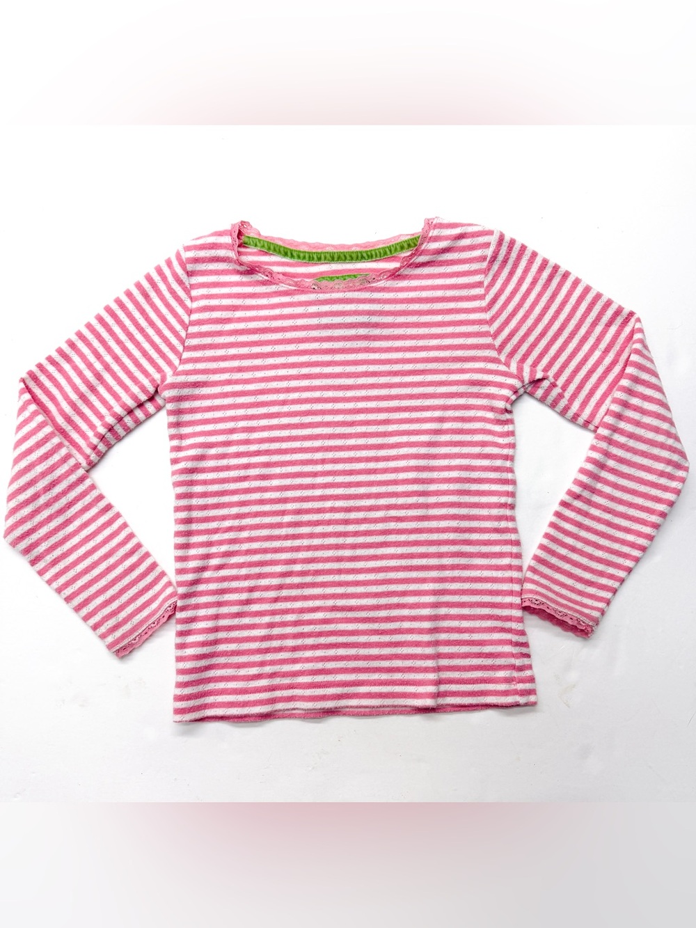 Mini Boden Pink and White Striped Long Sleeve Pointelle Lace Trim Tee